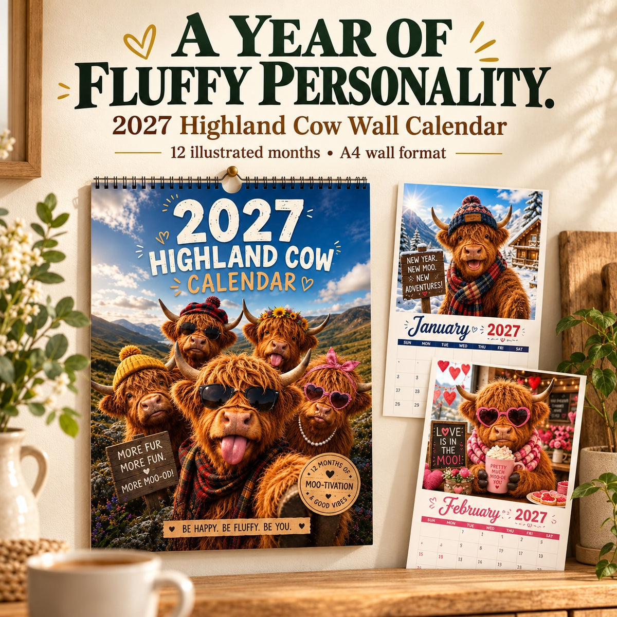 Ravunelo™ 2027 Funny Highland Cow Calendar — A New Moo-d Every Month (Offer)