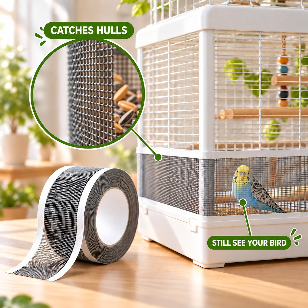 Ravunelo™ FeatherShield™ Invisible Birdcage Guard – Seed & Feather Mesh Barrier