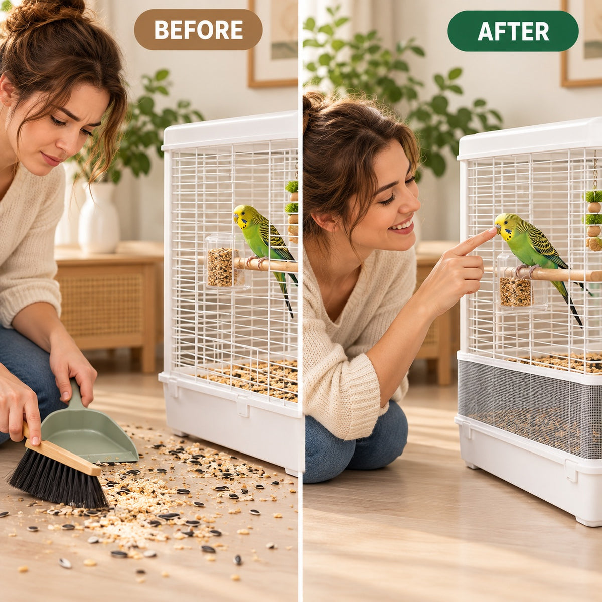 Ravunelo™ FeatherShield™ Invisible Birdcage Guard – Seed & Feather Mesh Barrier