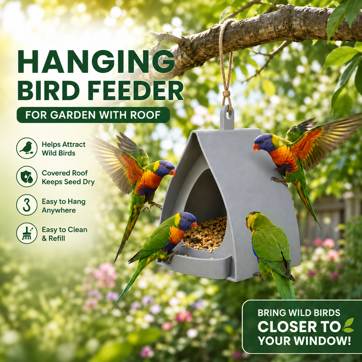 Ravunelo™ Hanging Garden Bird Feeder with Covered Roof